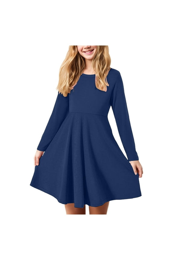 Flower Girl Dress Long Sleeve Girls Dress Kids Long Sleeve Dress Fall and Winter Dresses Size 7-8 (Navy,7-8 Years)