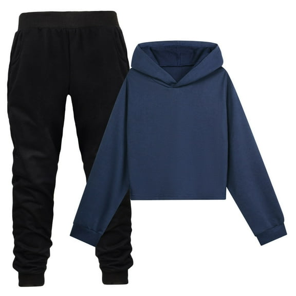 Kogui Girl Outfit Girls' Clothing Set Print Crop Top Hoodies Sweatpants 2 Piece Outfits Kids Sweatsuit Tracksuit Jogger Set Size 9-10 (Blue,9-10 Years)