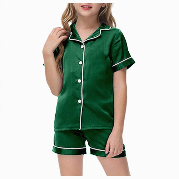 Kogui Girl Pjs Girls Pajamas, Satin Silky Pjs Set Kids 2Pcs Button-Down Nightwear Sleepwear Size 10-11 (Dark Green,10-11 Years)