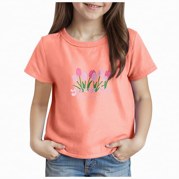 Kogui Girl Shirt Girls Short Sleeve T Shirts Kids Summer Tops Trendy Crewneck Basic Tees Size 8-9 (Orange,8-9 Years)