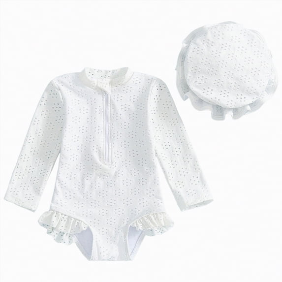 Kogui Girls Bathing Suits Toddler Girls Swimsuit One Piece Long Sleeve Zipper Rash Guard Bathing Suit Swimwear Summer 2T 3T (White,2-3 Years)