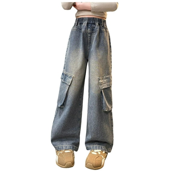 Kogui Girls Bow Jeans Girl's Pocket Side High Waist Straight Leg Cargo Long Jeans Denim Pants Size 7-8 (Blue,7-8 Years)
