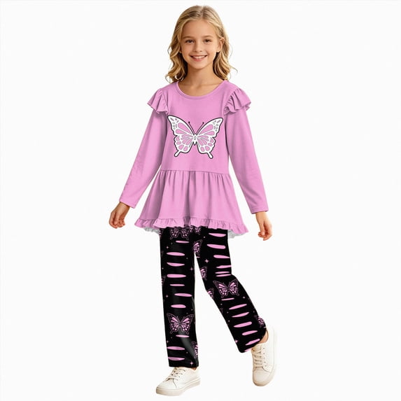 Kogui Girls Clothes Print Long Sleeve Blouse Pants 2pc Soft Breathable Outfit Clothing Set Fall Winter Spring 5T 6T