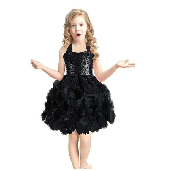 Kogui Girls Formal Dress Girls Elegant Princess Cold Shoulder Fold Pleated High Waist Flared A Line Party Dresses Size 6-8 (Black,6-8 Years)