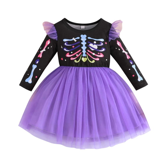 Kogui Girls Halloween Skeleton Mesh Dress Colorful Bone Print Spliced Mesh Skirt Fashion Party Outfit Toddler Tutu Skirt, Kids Costumes For Girls (Purple, 9-12 Months)