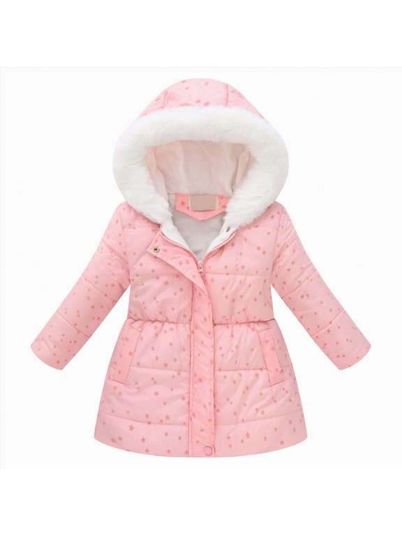 Girls Heart Print Puffer Coat Faux Fur Hood Fleece Lined Cinched Waist Warm Winter Jacket 5T 6T (Pink,5-6 Years)
