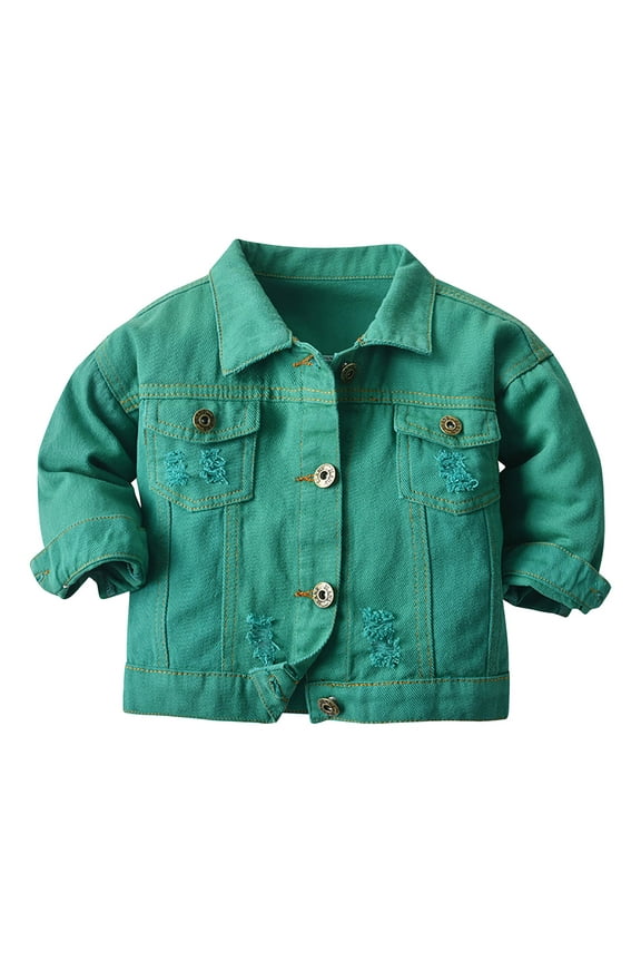 Girls Jackets Girl's Raw Hem Long Sleeve Single Crop Denim Jacket OuterwearSize 9-10 (Green,9-10 Years)