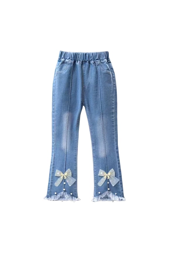 Girls Jeans with Bows Toddler Baby Girl Flared Jeans Ripped Trousers Bottom Denim Pants Spring Fall Clothes Size 18 24 Months (White,18-24 Months)