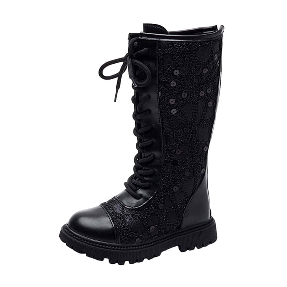 Kogui Girls Lace Up Boots Girls Lace Up Boots Mid Calf Combat Boots Leather Side Zipper Boot Kids Cute Riding Boot Size 10 (Black,Little Kids 10)