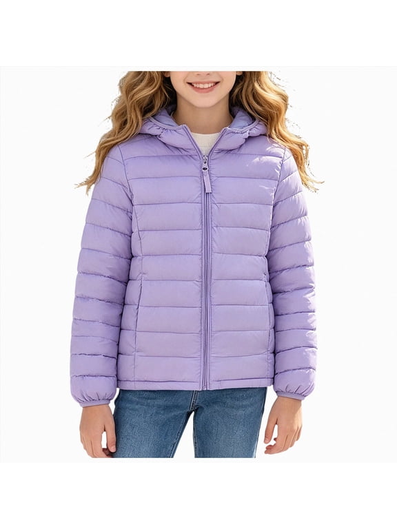 Girls Lightweight Hooded Puffer Jacket Packable Zip-Up Winter Coat Size 11-12 (Light Purple,11-12 Years)
