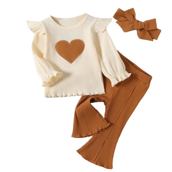 Kogui Girls Long Sleeve Shirt and Pants Set Toddler Baby Girl Clothes Ruffle Tops Floral Pants with Cute Headband Outfit Set Size 12 18 Months (Beige,12-18 Months)