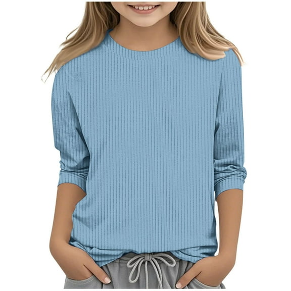 Kogui Girls Long Sleeve Shirts Long Sleeve Shirt for Girls Casual Basic Tees Fall Winter Tops Blouse Size 7-8 (Light Blue,7-8 Years)