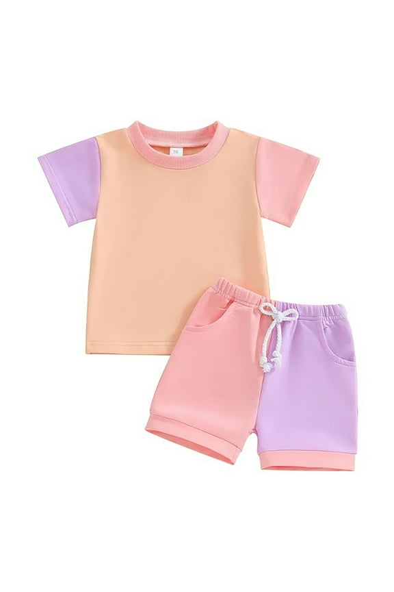 Girls Outfits Girls Summer Clothes 2 Piece Clothes for Girls T-Shirt and Shorts Set with Side Pockets (Pink,0-6 Months)