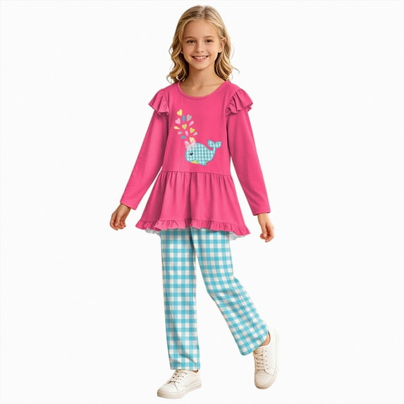 Kogui Girls Outfits Multi Color Cartoon Print Long Sleeve Blouse Pants 2pc Soft Breathable Outfit Clothing Set All Season 7T 8T
