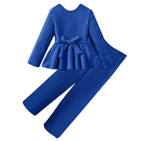 Kogui Girls Outfits Sets Girls Solid Color Sweatshirt with Bowknot & Elastic Waist Pants 2pcs Outfits Size 11-12 (Blue,11-12 Years)