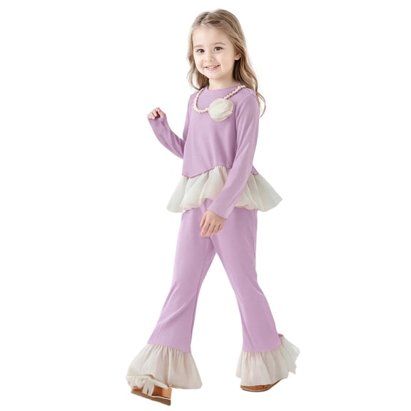 Kogui Girls Pants Set Girl Clothes Long Sleeve Pure T-Shirt Tops Pants 2Pcs Toddler Girl Outfit 3T 4T (Purple,3-4 Years )