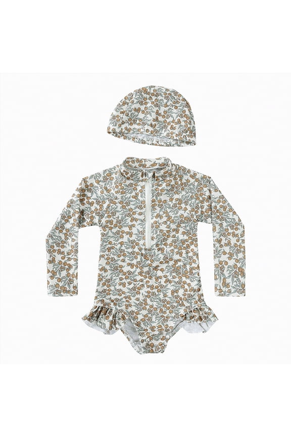 Girls Rash Guard Swimsuit Toddler Baby Girl Swimsuit Long Sleeve One Piece Rash Guard Zipper Swimwear with Hat 9 12 Months (Brown,9-12 Months)