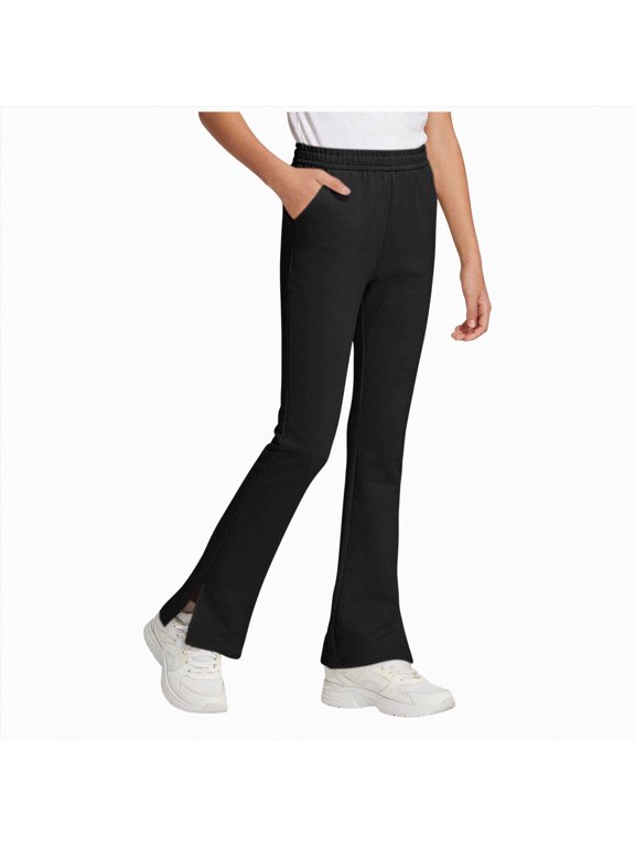 Girls Split Hem Flare Pants Black Solid Color Soft Stretchy for Yoga School Play,9-10 Years