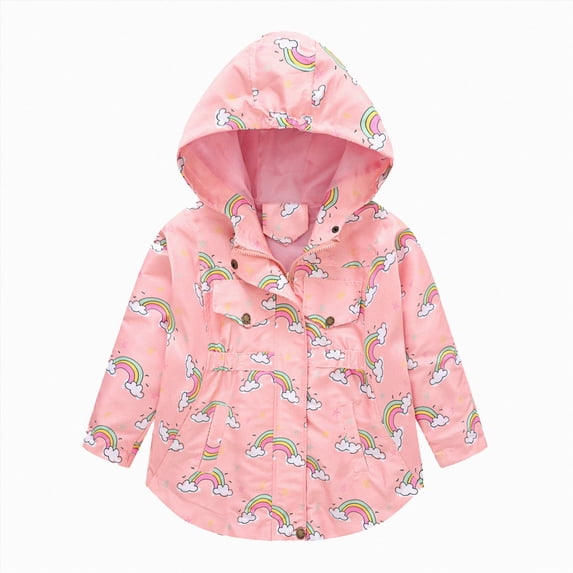 Kogui Girls Spring Jacket Toddler Girls Rainbow Print Jacket Hooded with Pocket Cotton Blend Windproof Kids Coat for Fall Sizes 2-9Y (Pink,8-9 Years)