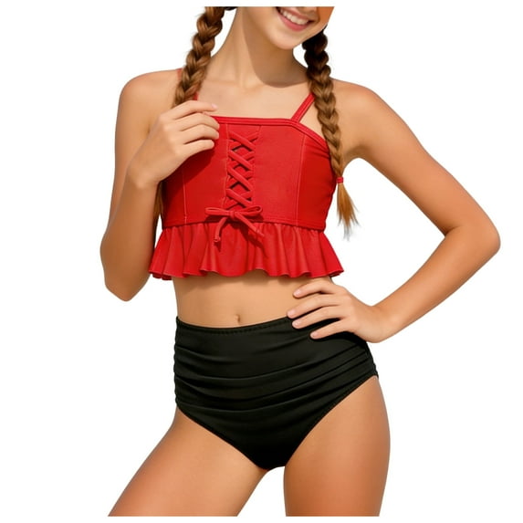 Kogui Girls Swimsuit Bikini Girls Swimsuit Bikini Set,Criss Cross Bathing Suits for Girls Two Piece Swimsuit Solid Color Girls' Swimwear Size 11-12 (Watermelon Red,11-12 Years)