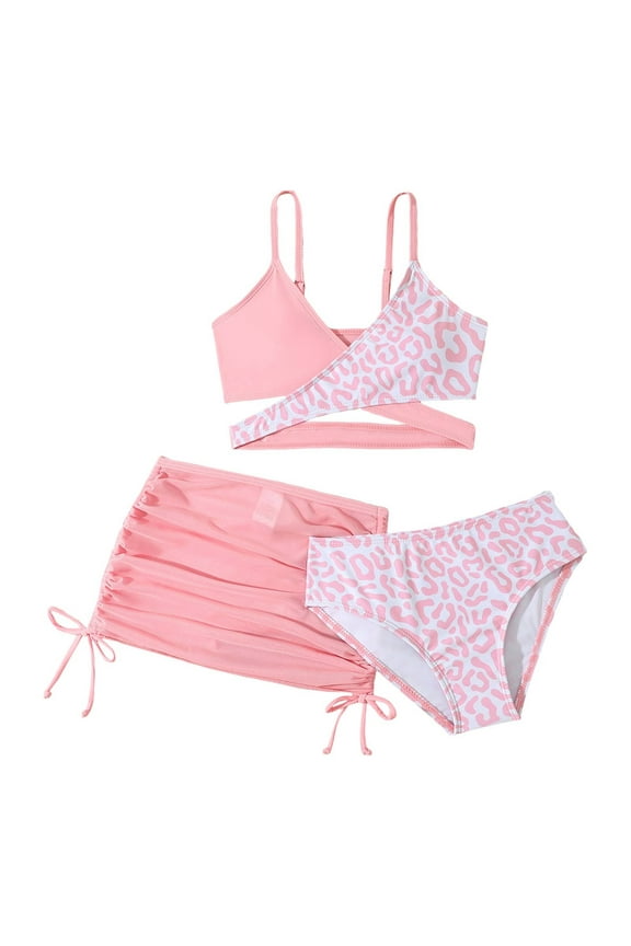 Girls Swimsuit with Shorts Girls Swimsuit 3 Piece Bathing Suits Flounce Bikini Tankini Set Beach Swimwear with Cover Ups Skirt Size 8-9 (Pink,8-9 Years)