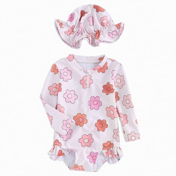 Kogui Girls Swimsuits Rash Guard Baby Girls Swimsuit Summer Infant Girl Bathing Suit Zipper Long Sleeve One-Piece Rash Guard Swimwear with Hat 2T 3T (Red,2-3 Years)