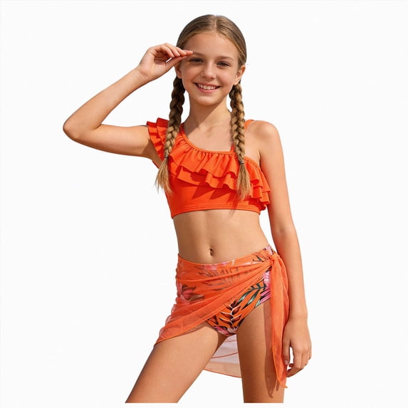 Kogui Girls Swimwear Girls' Swimsuit Bikini Set 3 Piece Girl's Bathing Suits Color Block Cutout Swimwear with Shorts Size 10-11 (Orange,10-11 Years)