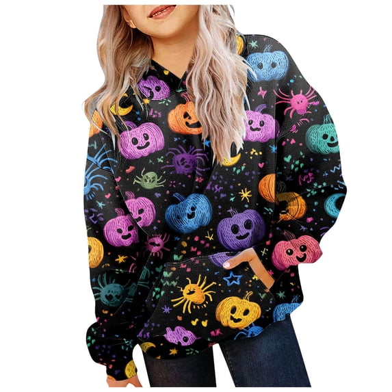 Kogui Girls Trendy Daily Outer Tops, Long Sleeve Hooded Pullover With Pockets, Casual Halloween Graphic Printed Sweatshirt (Light Yellow, 2-3 Years)