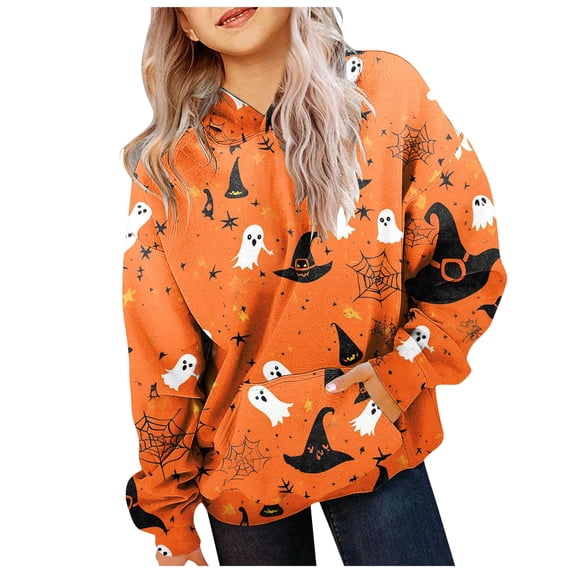 Kogui Girls Trendy Daily Outer Tops, Long Sleeve Hooded Pullover With Pockets, Casual Halloween Graphic Printed Sweatshirt (Orange, 10-11 Years)