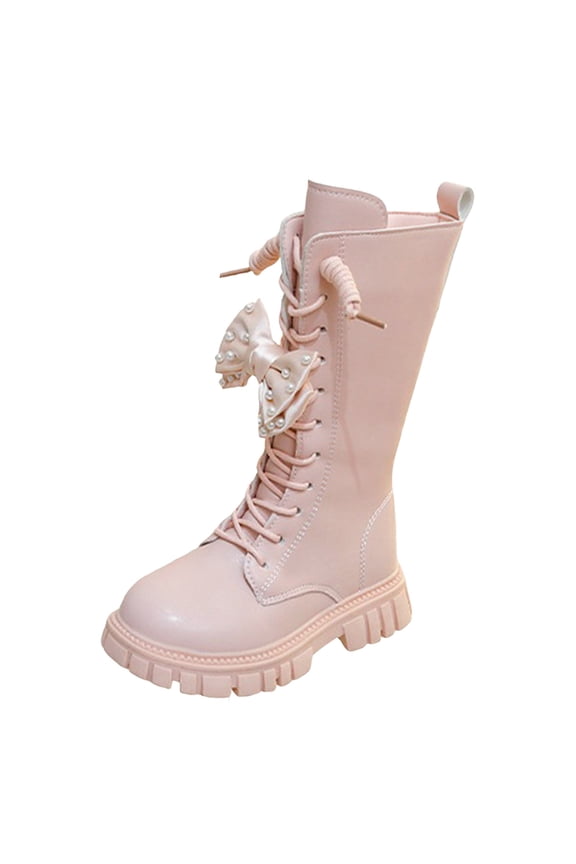 Girls White Lace Up Boots Girls Lace Up Riding Boots Mid Calf Combat Boots Leather Side Zipper Boot Non Slip Girls Booties Size 1.5 (Pink,Big Kids 1.5)