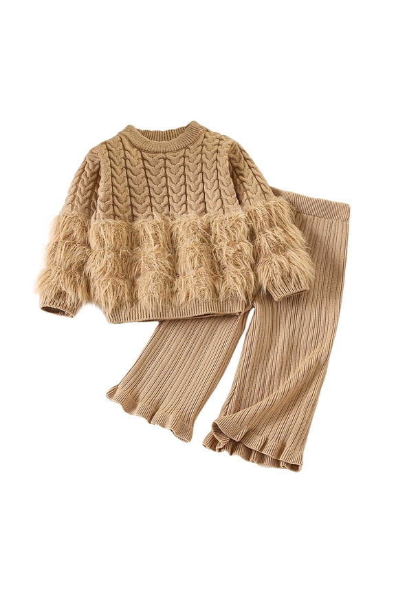 Girls Winter Clothes Girls Clothes Set Shirt Top and Pants Kids 3 Piece Outfits for School Casual Size 5-6 (Coffee,5-6 Years)