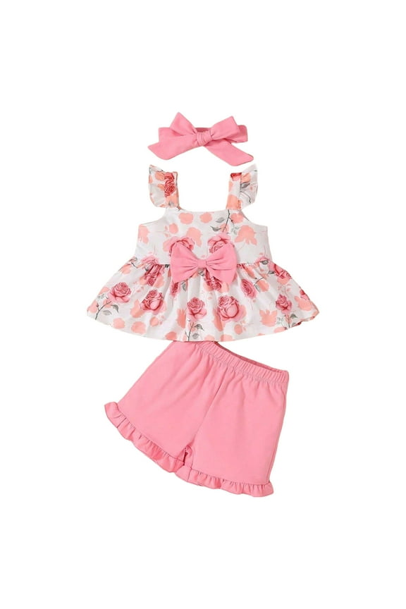 Going Home Outfit Baby Girl Toddler Baby Girl Clothes Summer Outfits Set, Short Sleeve T-Shirt+Casual Shorts+Headband 3Pcs Girl Clothing (Pink,2-3 Years)