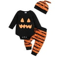 thumbnail image 1 of Kogui Halloween Baby Clothes Newborn Baby Boy Pumpkin Outfit Fall Romper Bodysuit and Pants Set with Beanie Hat Halloween Thanksgiving Clothes Size 3 6 Months (Black,3-6 Months), 1 of 7