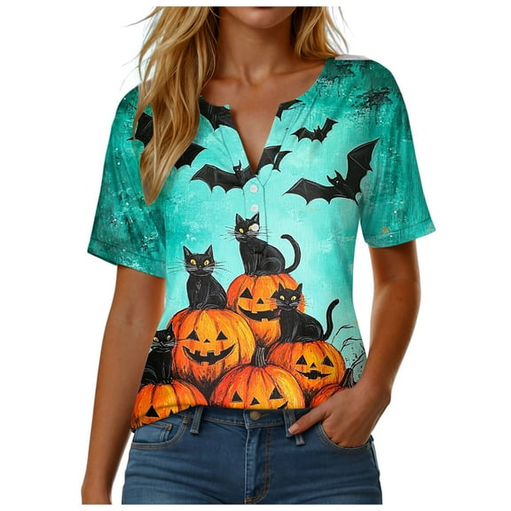 Kogui Halloween Blouse for Women Womens Halloween Shirt Witch Broom Graphic Tshirt Raglan Color Block Tops (Green,XL)