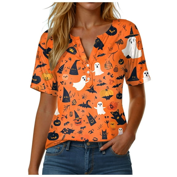 Kogui Halloween Clothes for Women Women Ghost Halloween Shirt Funny Halloween Costume Tshirts Short Sleeve Graphic Tee Tops (Yellow,M)