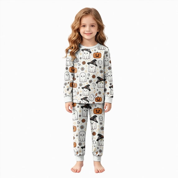Kogui Halloween Pjs Kids 2-Piece Cute Ghost Pumpkin Print Soft Sleepwear Set Long Sleeve Kids Pjs 7T 8T (Light Gray,7-8 Years)