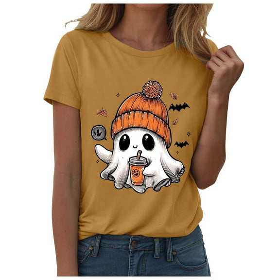 Kogui Halloween Shirts Women Women Ghost Halloween Shirt Funny Halloween Costume Tshirts Short Sleeve Graphic Tee Tops (Yellow,M)