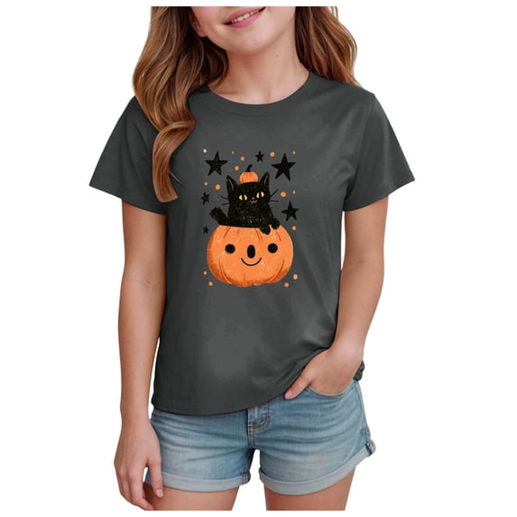 Kogui Halloween T Shirt for Little Girls Short Sleeve Crew Neck Cartoon Pumpkin Graphic Casual Tee Girl Shirts (Grey, 13-14 Years)