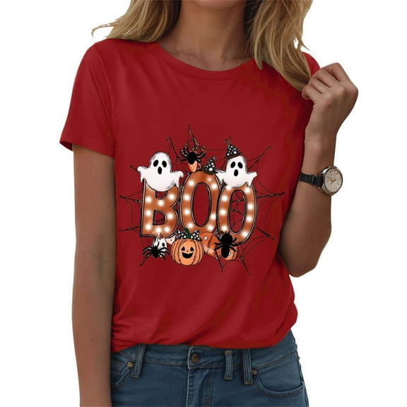 Kogui Halloween T Shirts for Women Halloween Tshirt Women Pumpkin Graphic Tee Funny Fall Short Sleeve Tops Shirt (Red,M)