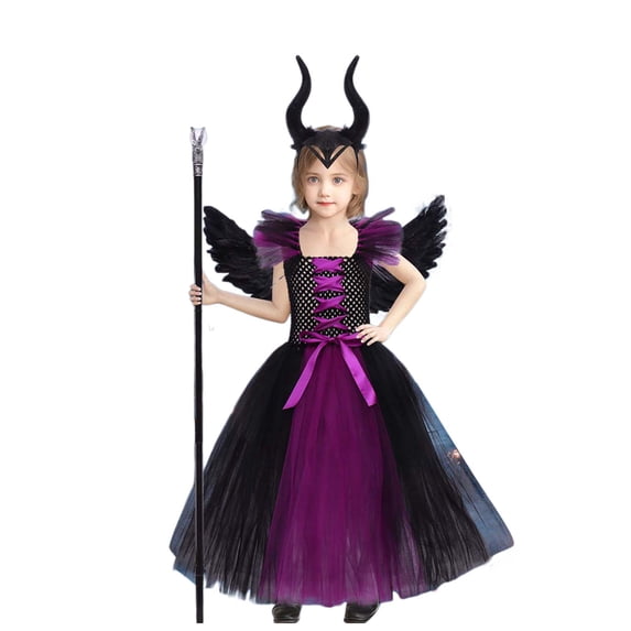Kogui Halloween Witch Cosplay Outfit Mesh Tail Sundress For Girls Party & Stage Show (Purple, 10-12 Years)