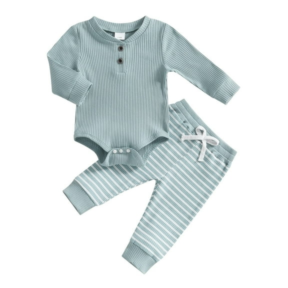 Kogui Infant Boy Clothes Newborn Baby Boy Clothes Long Sleeve Ribbed Bodysuit Pants Outfit Set 0 3 6 9 12 18 24 Months 2T 3T (Blue,6-9 Months)