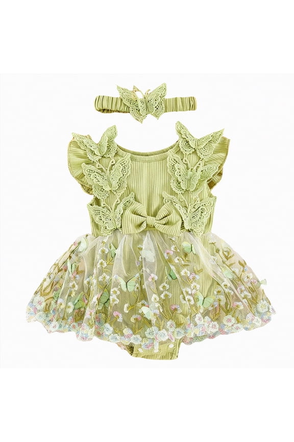 Infant Girl Clothes Newborn Newborn Baby Girl Summer Romper Dress Infant Fly Sleeve Flower Embroidery Mesh Tulle Skirt Hem Ribbed Bodysuit 0 3 6 9 12 18 24 Months (Green,9-12 Months)