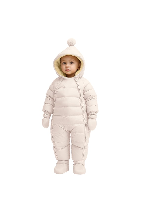 Infant Snowsuit Baby Infant Baby Winter Snowsuit Coat Romper Hooded Double Zipper Warm Jumpsuit for Boys Girls 18 24 Months (Beige,18-24 Months)