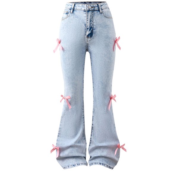 Kogui Jeans for Teens with Bows Girl's Ripped Flare Bottom Jeans High Waist Denim Pants with Pockets Size 10-11 (Light Blue,10-11 Years)