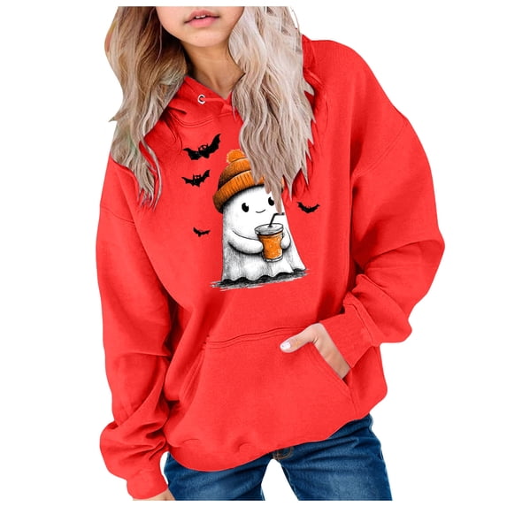 Kogui Kids Classic Cut Hooded Pullover For Girls, Trendy Halloween Printed Pattern, Daily All-match Holiday Tops (Red, 8-9 Years)