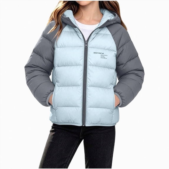 Kogui Kids Colorblock Puffer Jacket Hooded Zip-Up Warm Winter Coat with Raglan Sleeves Boys Girls 5T 6T (Light Blue,5-6 Years)