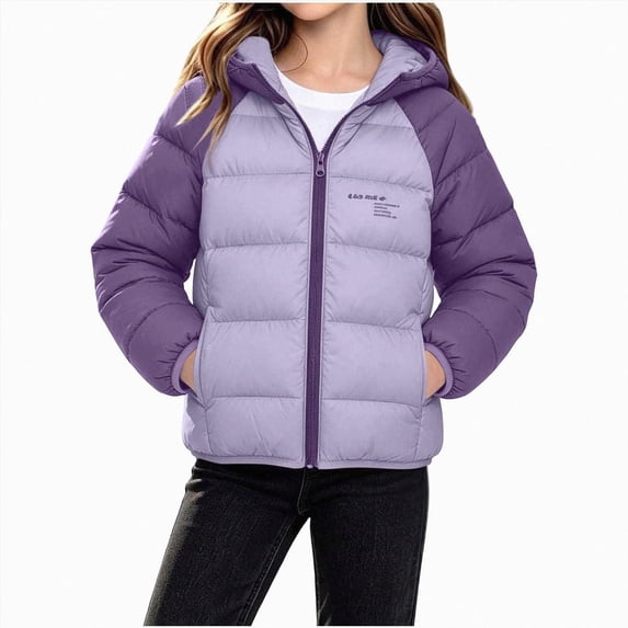 Kogui Kids Colorblock Puffer Jacket Hooded Zip-Up Warm Winter Coat with Raglan Sleeves Boys Girls Size 11-12 (Purple,11-12 Years)