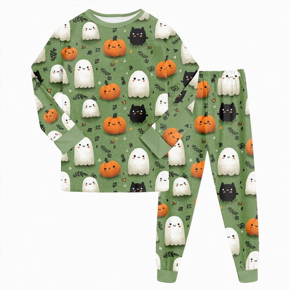 Kogui Kids Halloween Pajamas Long Sleeve Cute Print Stretch 2-Piece Sleepwear Set Pjs 6T 7T (Green,6-7 Years)