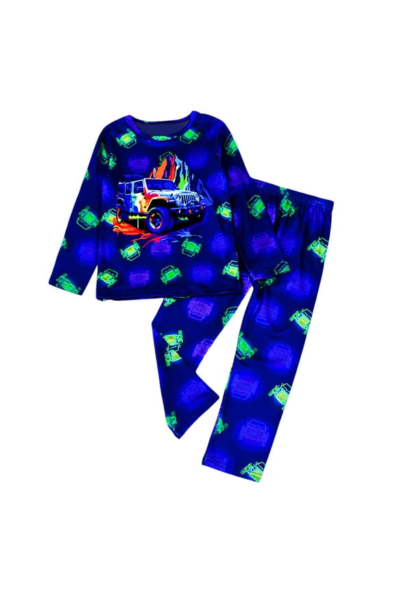 Kids Pajama Set Glow in The Dark - Boys Girls 3D Fluorescent Print PJs, Soft Long Sleeve Nightwear with Fun Patterns, Matching 2-Piece Sleepwear Loungewear Size 5T 6T (Blue,5-6 Years)
