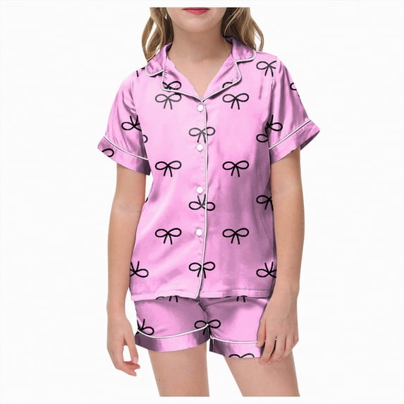 Kogui Kids Pajamas Set Girls' Pajama Set - 2 Piece Silky Soft Satin Button Down Sleep Shirt and Pajama Shorts Size 10-11 (Pink,10-11 Years)